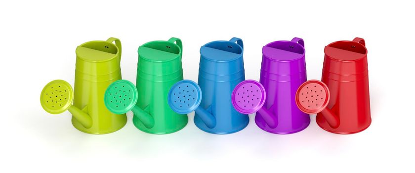 Row with colorful watering cans on white background