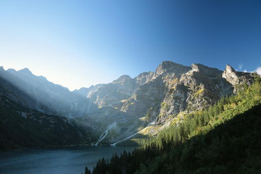 Lake in the Carpathian Mountains at dawn, Poland.