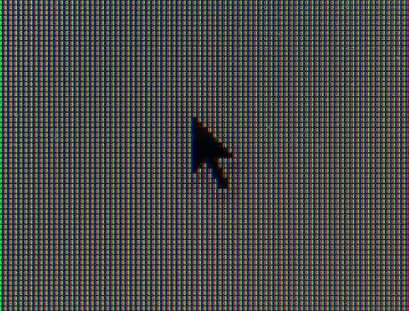 Macro shot of black computer mouse pointer with RGB pixels visible, LCD display