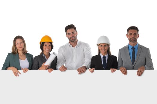 Group of architects and business people presenting empty banner with copy space. Isolated on white background