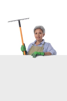 Mature asian woman gardener with rake standing behind blank banner with empty copy space for text isolated on white background