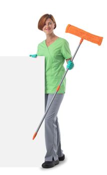 Cleaner woman with mop and blank banner isolated on white background, full length portrait