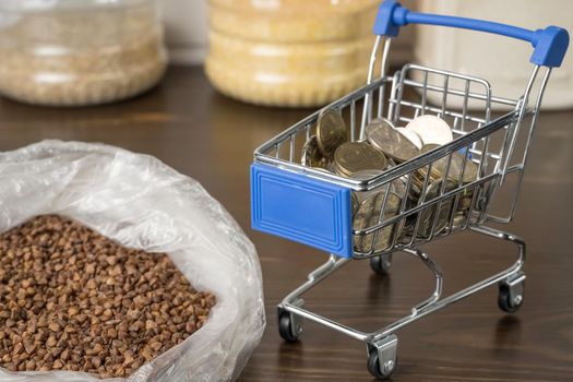 Kazakhstani tenge KZT in a grocery basket with bread, buckwheat grain and cereals. Rising prices for food and groceries in Kazakhstan and other countries. Humanitarian aid.