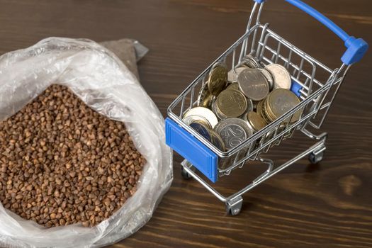 Kazakhstani tenge KZT in a grocery basket with buckwheat grain. Rising prices for food and groceries in Kazakhstan and other countries. Humanitarian aid.