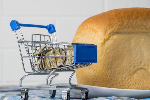 Kazakhstan tenge KZT in a grocery basket with bread. Rising food prices and groceries in Kazakhstan and other countries. Humanitarian assistance.