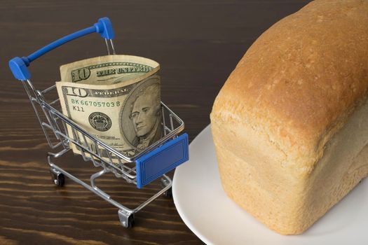 10 Dollars in a grocery basket with bread. Rising food prices and groceries in USA America and other countries. Humanitarian assistance