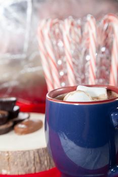 Blue and red mug filled with hot chocolate and two marshmallows, with chocolates on a wooden stump and candy canes in the background
