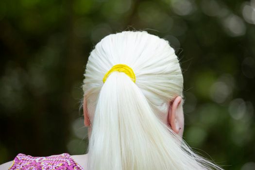 Woman with her long, white hair in a yellow scrunchied ponytail