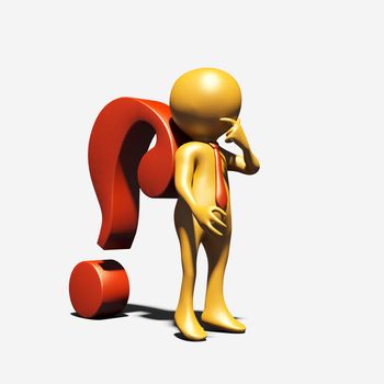 3d thinking man supporting a big red question mark - 3d rendering