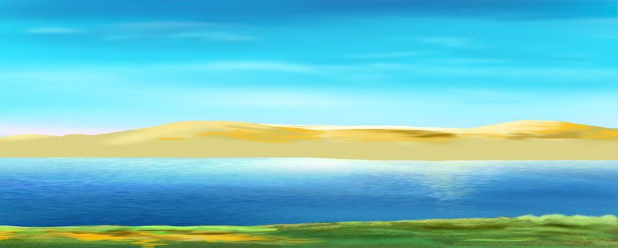 Deserted coast of the Nile river in Egypt on a sunny summer day. Digital painting, illustration.