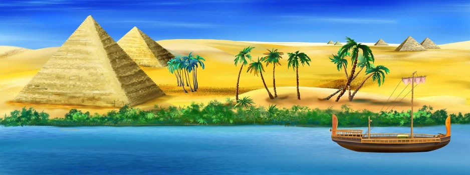 Ancient Pyramids on the banks of the Nile river in Egypt on a sunny summer day. Digital painting, illustration.