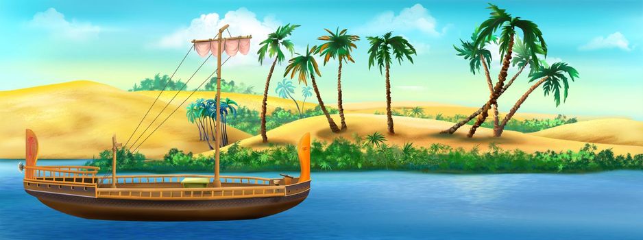 Ancient papyrus boat on the banks of the Nile river in Egypt on a sunny summer day. Digital painting, illustration.