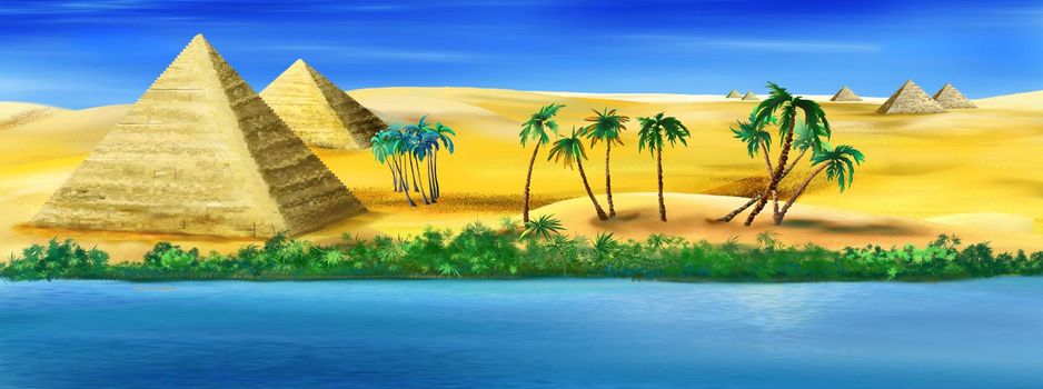 Ancient Pyramids on the banks of the Nile river in Egypt on a sunny summer day. Digital painting, illustration.