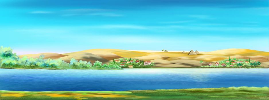 Nile river in Egypt with palm trees and ancient village on a sunny summer day. Digital painting, illustration.