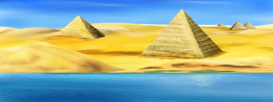 Ancient Pyramids on the banks of the Nile river in Egypt on a sunny summer day. Digital painting, illustration.