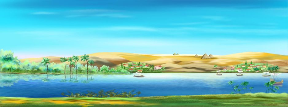 Nile river in Egypt with palm trees and ancient village on a sunny summer day. Digital painting, illustration.