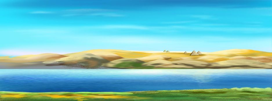 Deserted coast of the Nile river in Egypt on a sunny summer day. Digital painting, illustration.