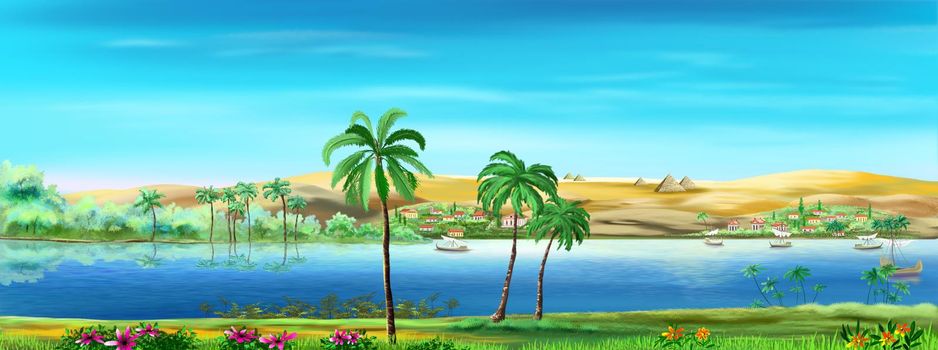 Nile river in Egypt with palm trees and ancient village on a sunny summer day. Digital painting, illustration.