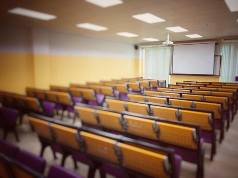 Empty classroom, college lecture hall  preparing for education in university, conference room before meeting. Business meeting room or Board room interiors. vintage tone.