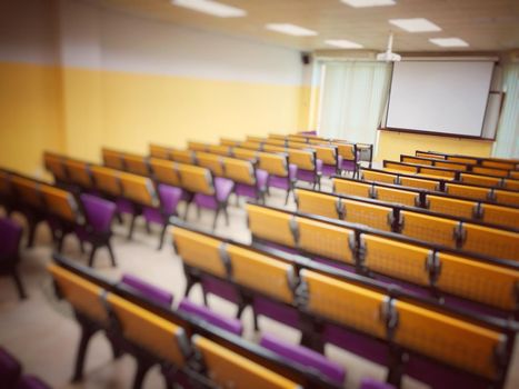 Empty classroom, college lecture hall  preparing for education in university, conference room before meeting. Business meeting room or Board room interiors. vintage tone.