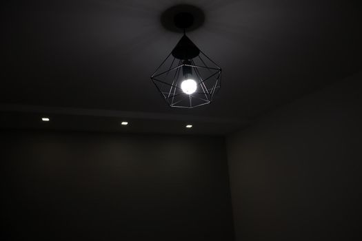 Chandelier with black iron rods on the ceiling in a room with a light bulb
