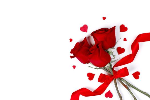 Valentines day hearts and red rose flowers isolated on white background