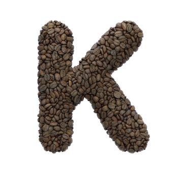Coffee letter K - Large 3d roasted beans font isolated on white background. This alphabet is perfect for creative illustrations related but not limited to Coffee, energy, insomnia...