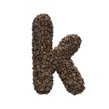 Coffee letter K - Lower-case 3d roasted beans font isolated on white background. This alphabet is perfect for creative illustrations related but not limited to Coffee, energy, insomnia...