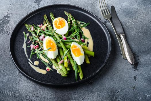 Asparagus with eggs and french dressing with dijon mustard, onion chopped in red vinegar taragon on grey textured background, side view