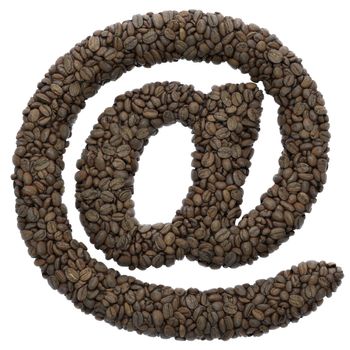 Coffee email sign - 3d Arobase symbol roasted beans isolated on white background. This alphabet is perfect for creative illustrations related but not limited to Coffee, energy, insomnia...