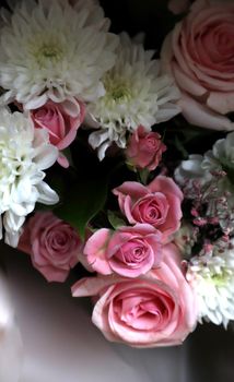 Bouquet of pink roses and white chrysanthemums