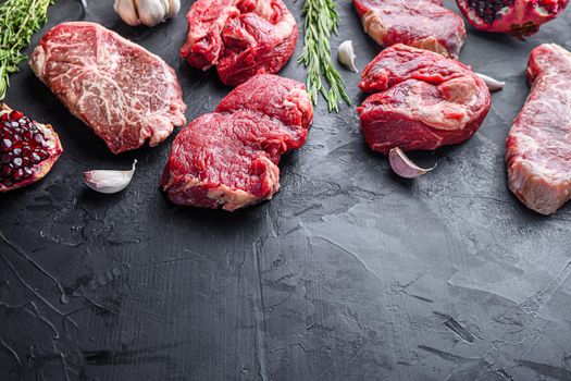 Alternative beef steak cuts with top blade, chuck roll and rump steak, side view with space for text