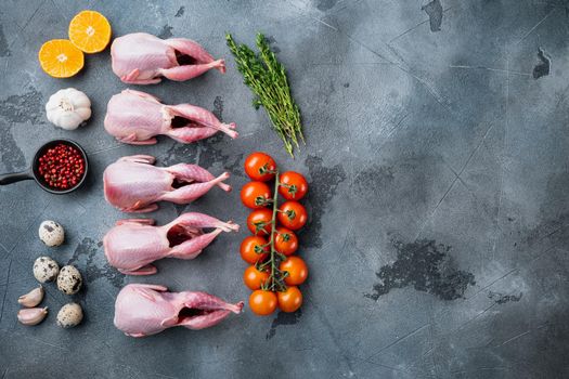 Homemade eco friendly raw quail, top view, on grey background with copy space