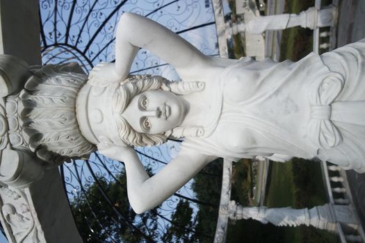 CHUNCHEON, SOUTH KOREA- October-03, 2020: White marble statue of Greek Goddess Head with lovely hair settled in a public park