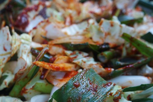 Dak galbi, traditional Korean food preparation. Fried chicken with spice sauce and vegetable. Chuncheon, Korea Dakgalbi, traditional food