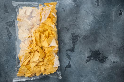 Package corn chips set, on gray background, top view or flat lay with copy space for text