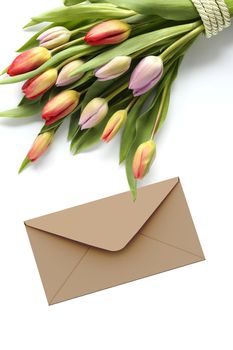 Bunch of flowers. Spring flowers tulip on white background with envelope for mock up. Top view. Festive greeting card, Valentine's mothers day, birthday, invitation anniversary