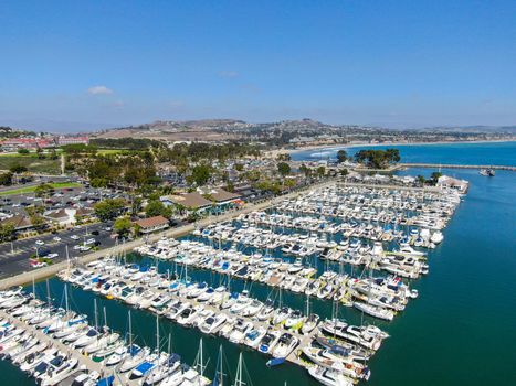 Aerial view of Dana Point Harbor and her marina with yacht and sailboat. southern Orange County, California. USA