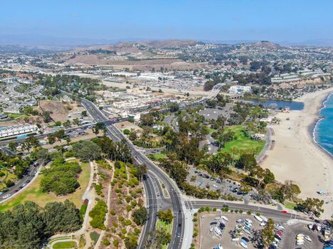 Aerial view of Dana Point Harbor town and beach. Southern Orange County, California. USA