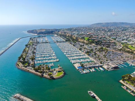 Aerial view of Dana Point Harbor town and beach. Southern Orange County, California. USA