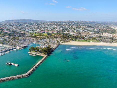 Aerial view of Dana Point Harbor town and beach. Southern Orange County, California. USA