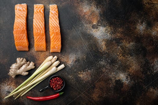 Quick asian fishcakes ingredient, on old rustic background, flat lay with space for text