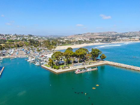 Aerial view of Dana Point Harbor town and beach. Southern Orange County, California. USA