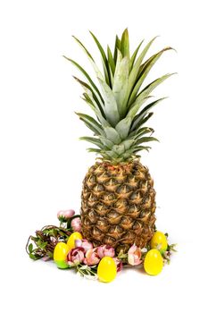 Easter composition of pineapple, flower wreath and colored eggs isolated on white background