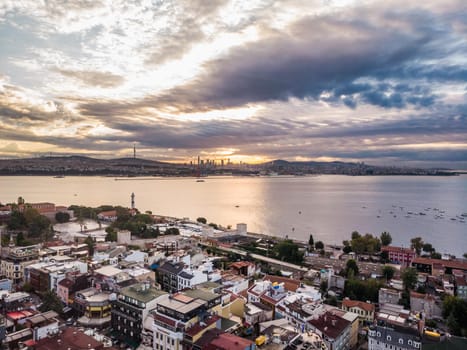Aerial view of the sunrise with amazing clouds and Bosporus at the background.
