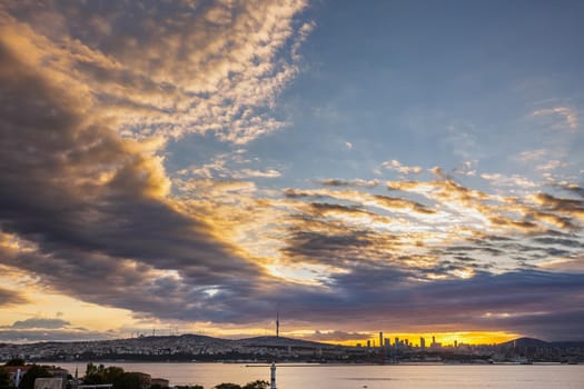View of the sunrise with amazing clouds over Bosphorus in Istanbul, Turkey.