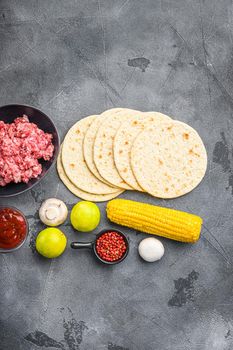 Corn tortilla near raw organic mexican tacos ingredients with avocado, salsa, chilli and meat. On grey concrete background, top view