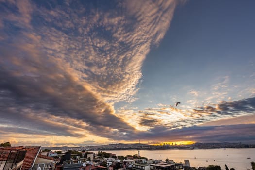 View of the sunrise with amazing clouds over Bosphorus in Istanbul, Turkey.