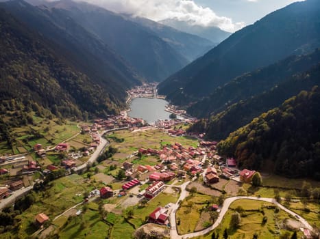 Uzungol among the most beautiful tourist places in Turkey. The mountain valley with a trout lake and a small village in Trabzon, Turkey. Popular destination for locals and tourists.