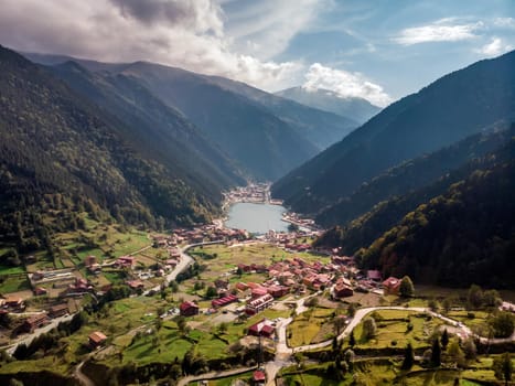 Uzungol among the most beautiful tourist places in Turkey. The mountain valley with a trout lake and a small village in Trabzon, Turkey. Popular destination for locals and tourists.